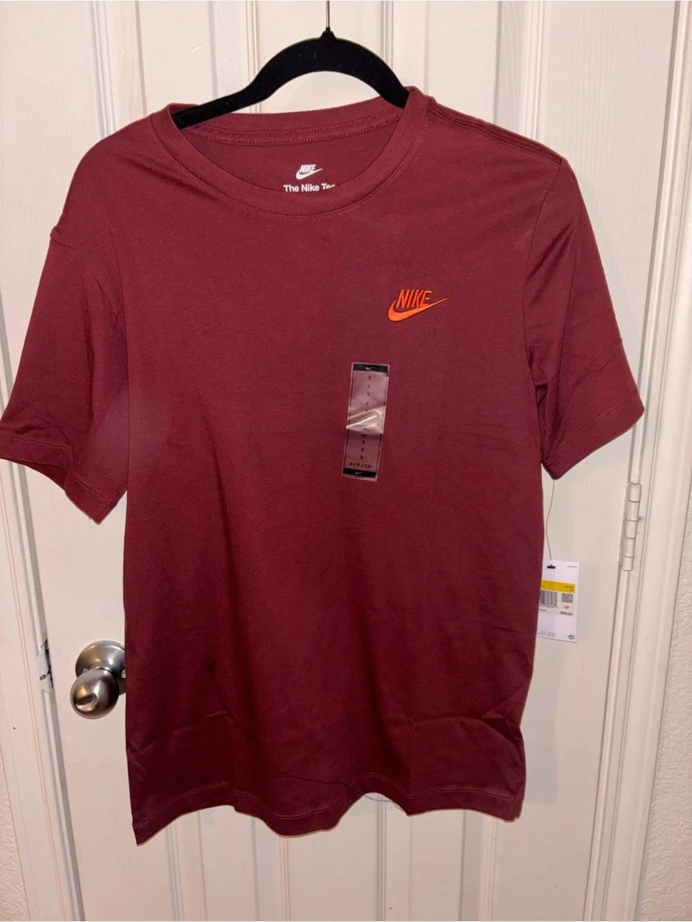 Nike Men's Maroon Short Sleeve Tee with Orange Logo